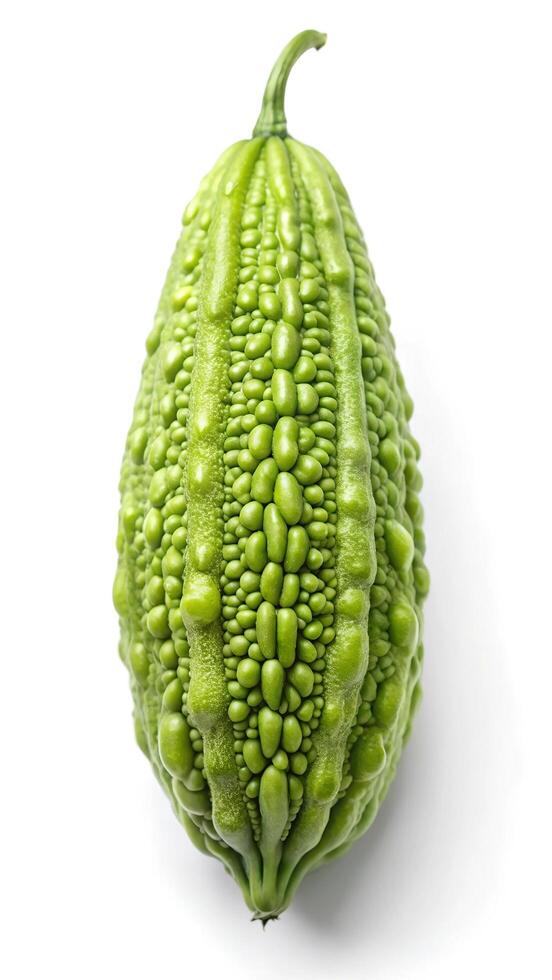 Fresh bitter gourd Bitter cucumber or bitter melon with cut slice isolated on a white background. photo