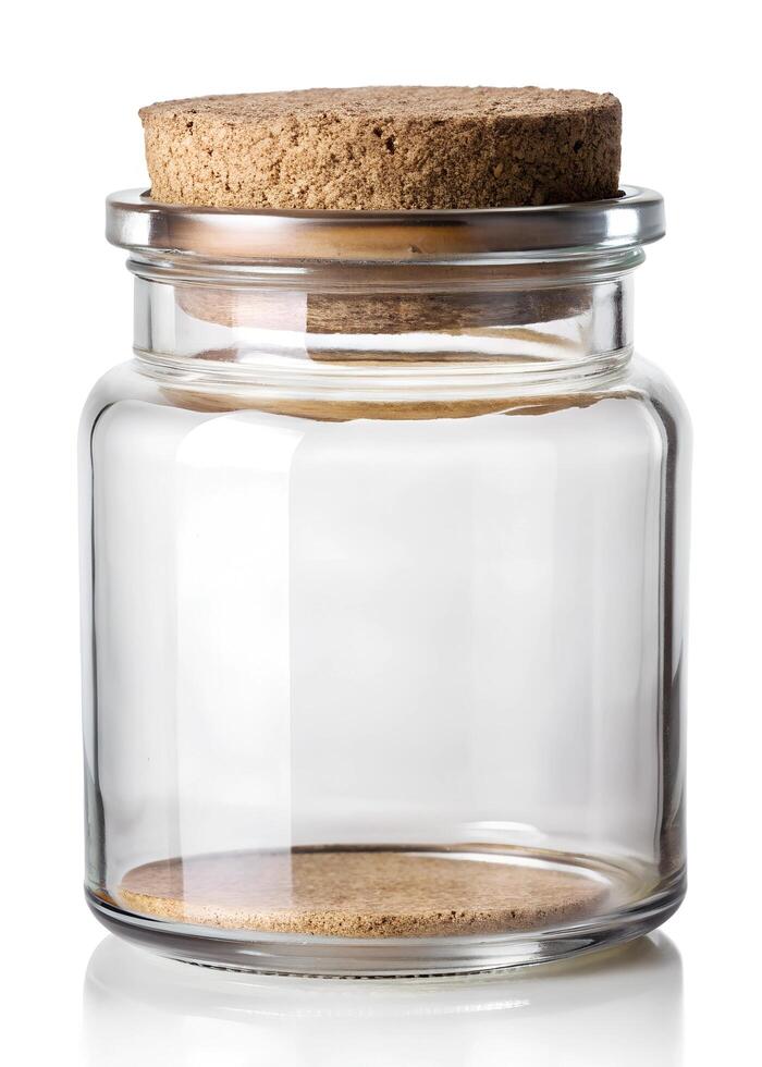 empty glass jar on white background photo