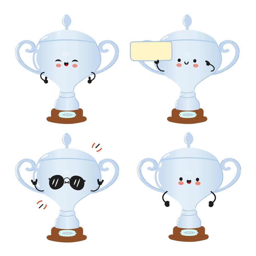 Funny Silver trophy cup characters bundle set. hand drawn doodle style cartoon character illustration icon design. Cute Silver trophy cup mascot character collection vector