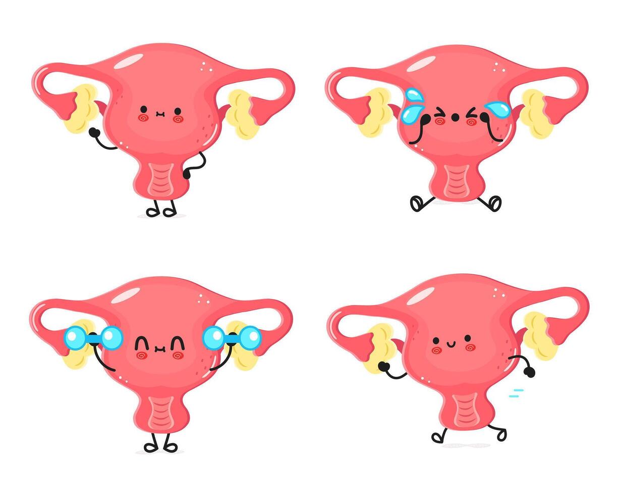 Cartoon Uterus characters in various playful expressions and activities vector