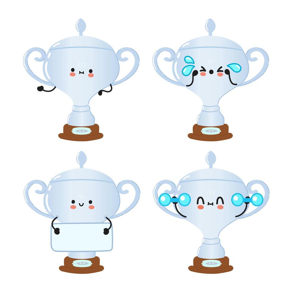 Funny cute happy silver trophy cup characters bundle set. hand drawn doodle style cartoon character illustration icon design. Cute silver trophy cup mascot character collection vector