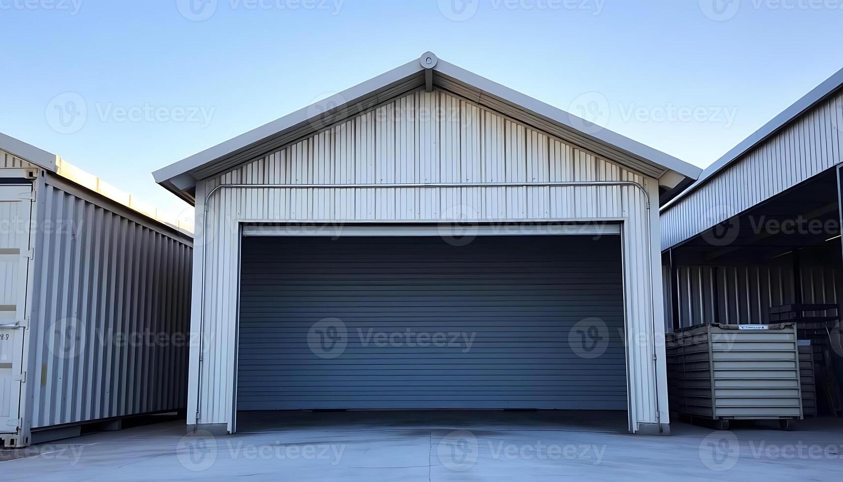 Clear Blue Sky Backdrop of Large Metal Storage Shed with Open Garage Door Suitable for Warehouse and Container Needs photo