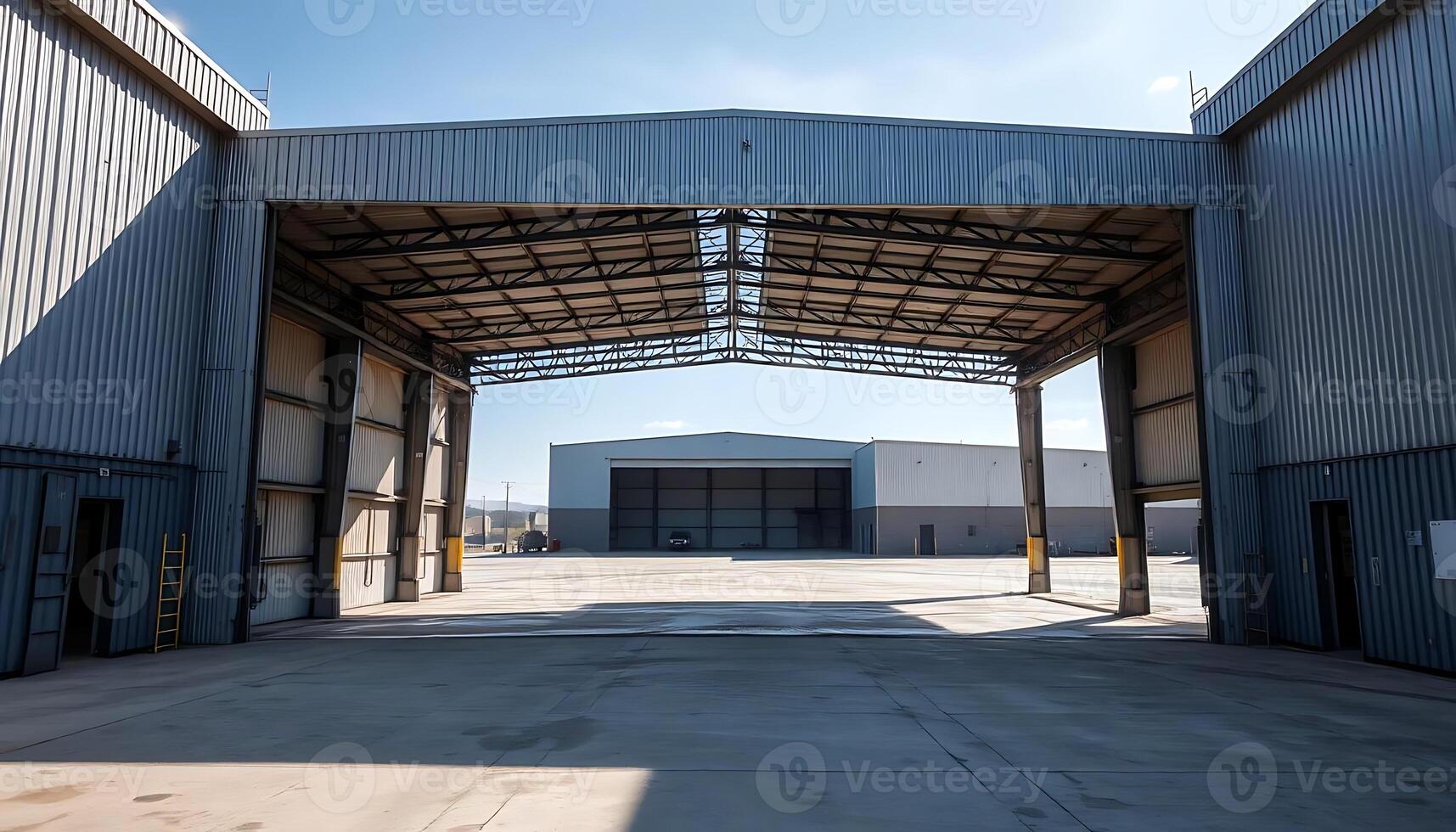 Spacious Industrial Metal Storage Facility with Open Garage Doors Set Against a Serene Clear Blue Sky Background photo