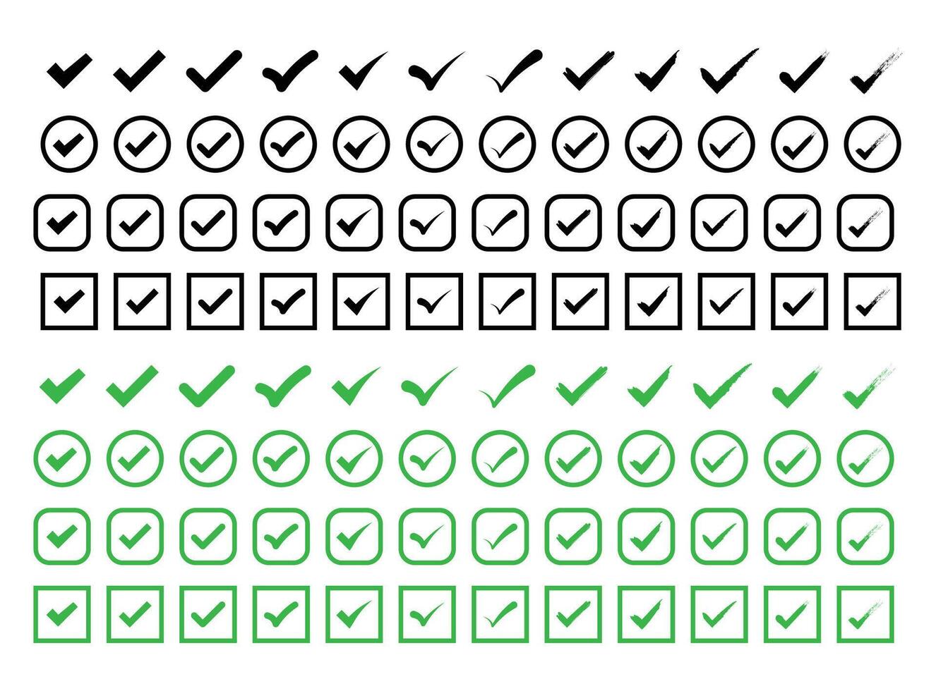 Check Marks Icons set, empty middle black and green flat tick symbol for checklist vector