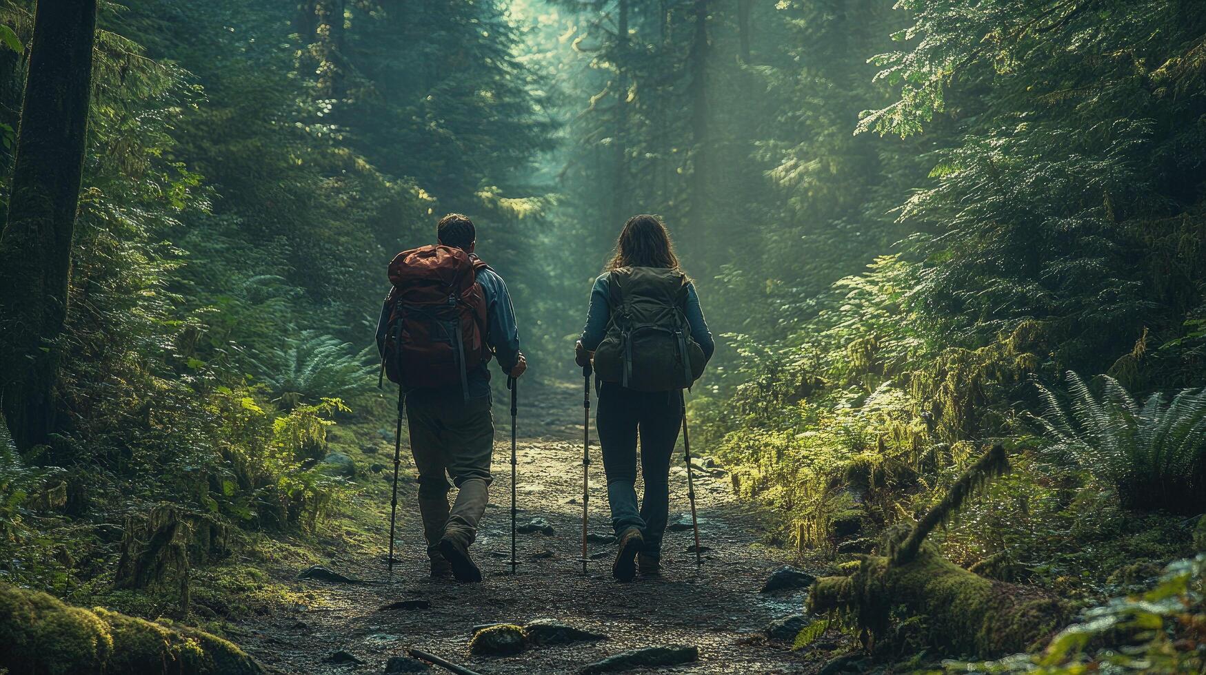 Person with backpacks walking through a forest photo