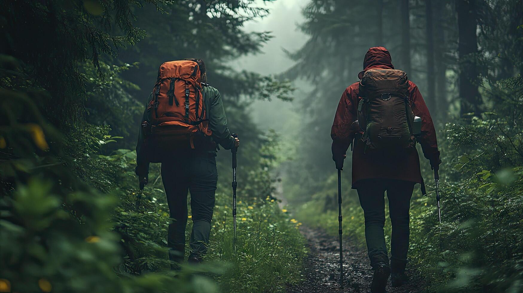 Two person with backpacks walking through a forest photo