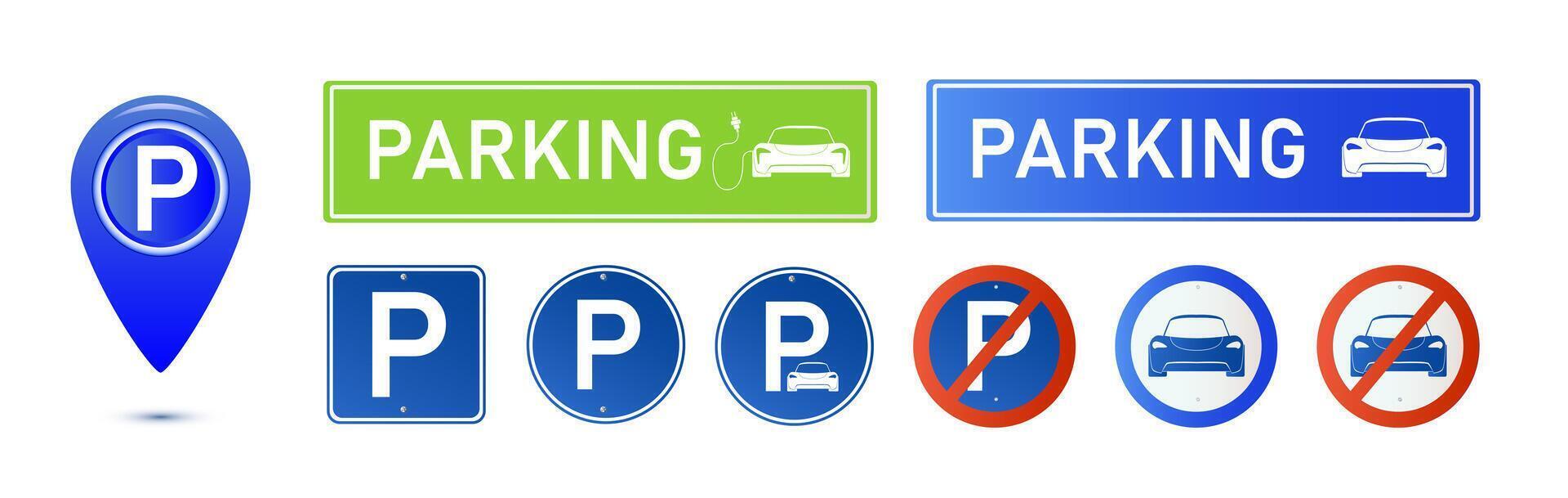 Car parking eco electric icon set. Parking and traffic signs isolated on white background. Map parking pointer. vector