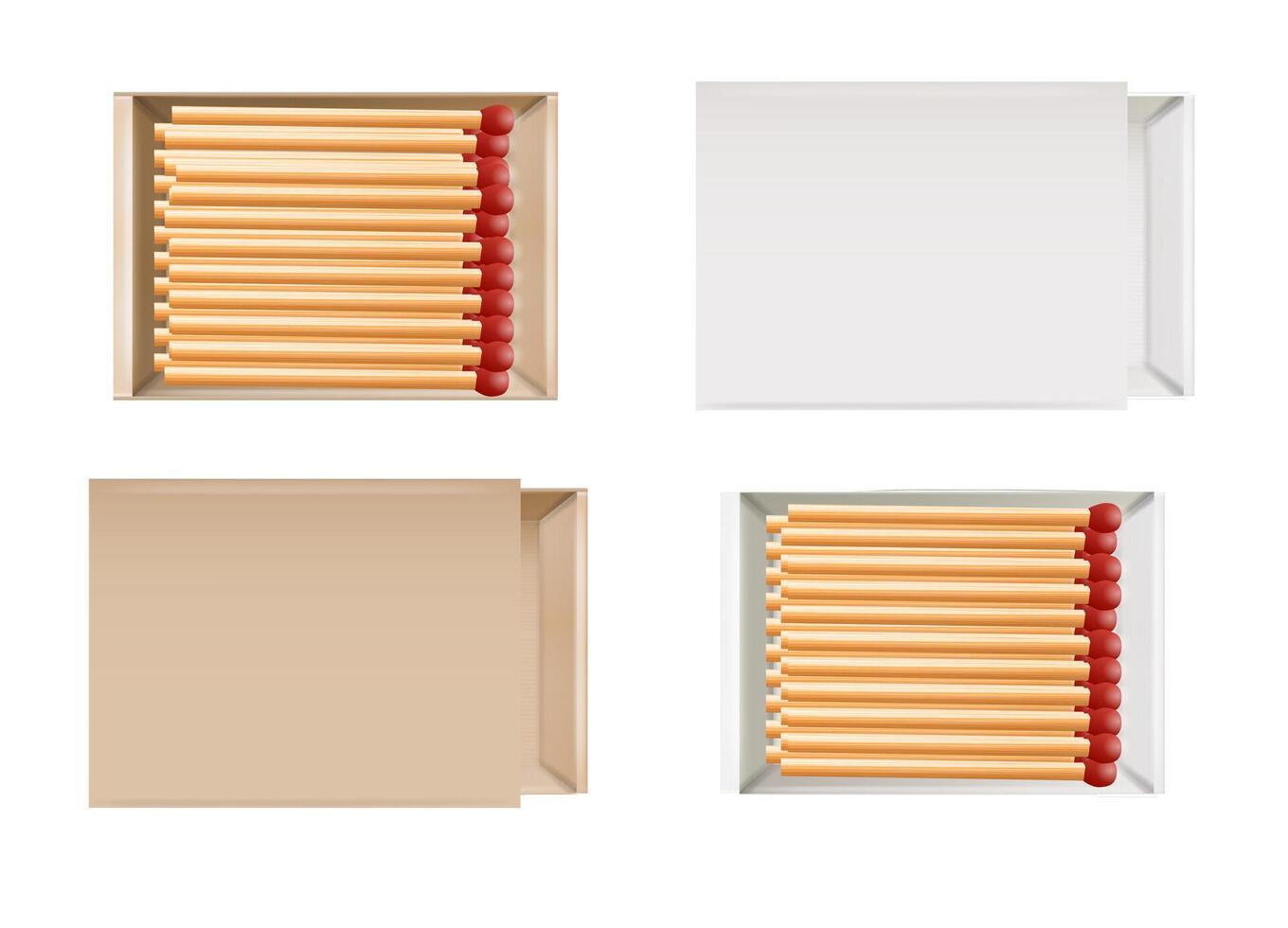 Matchbox, empty package for match sticks in top and perspective view. Realistic mockup of 3d blank box. Stages of burning the match. Symbol of ignition burning. vector