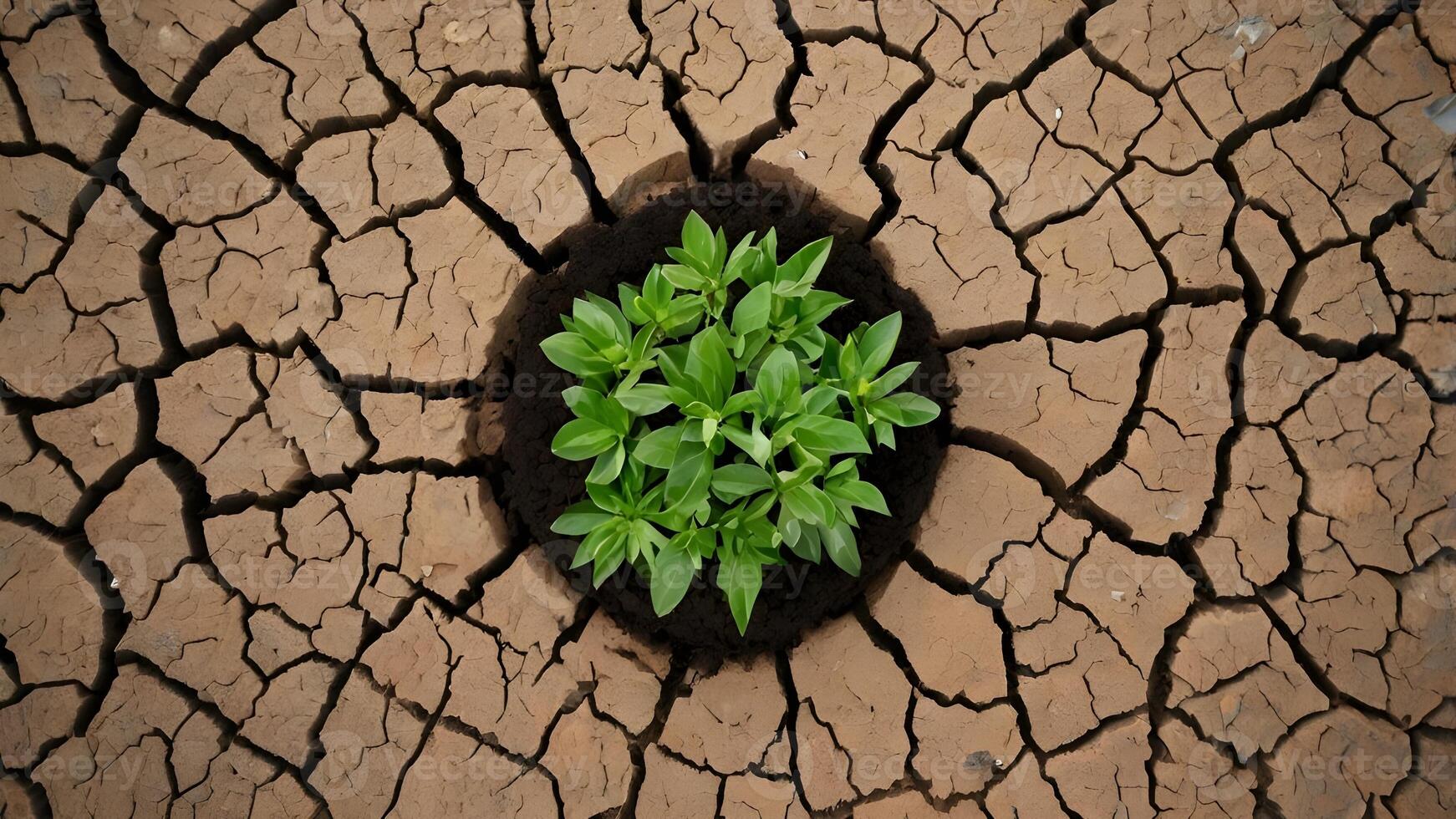 Environmental and conservation concept, Green plants grow amidst dry, cracked soil, symbolizing hope, survival, and the importance of environmental conservation photo