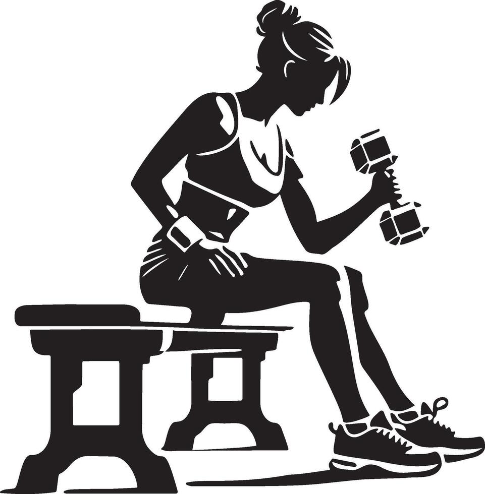 Woman Sit on Bench and Do Workouts with Dumbbells Silhouette. vector