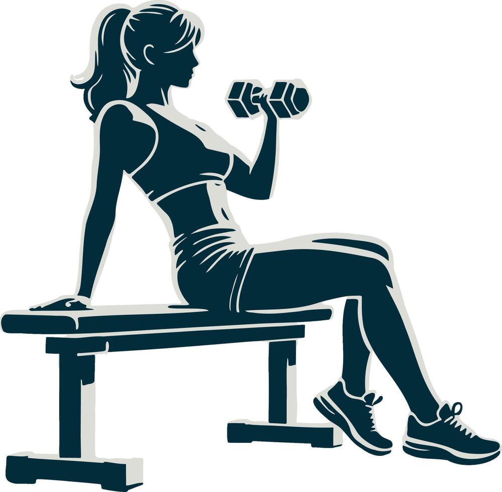 Woman Sit on Bench and Do Workouts with Dumbbells Illustration. vector