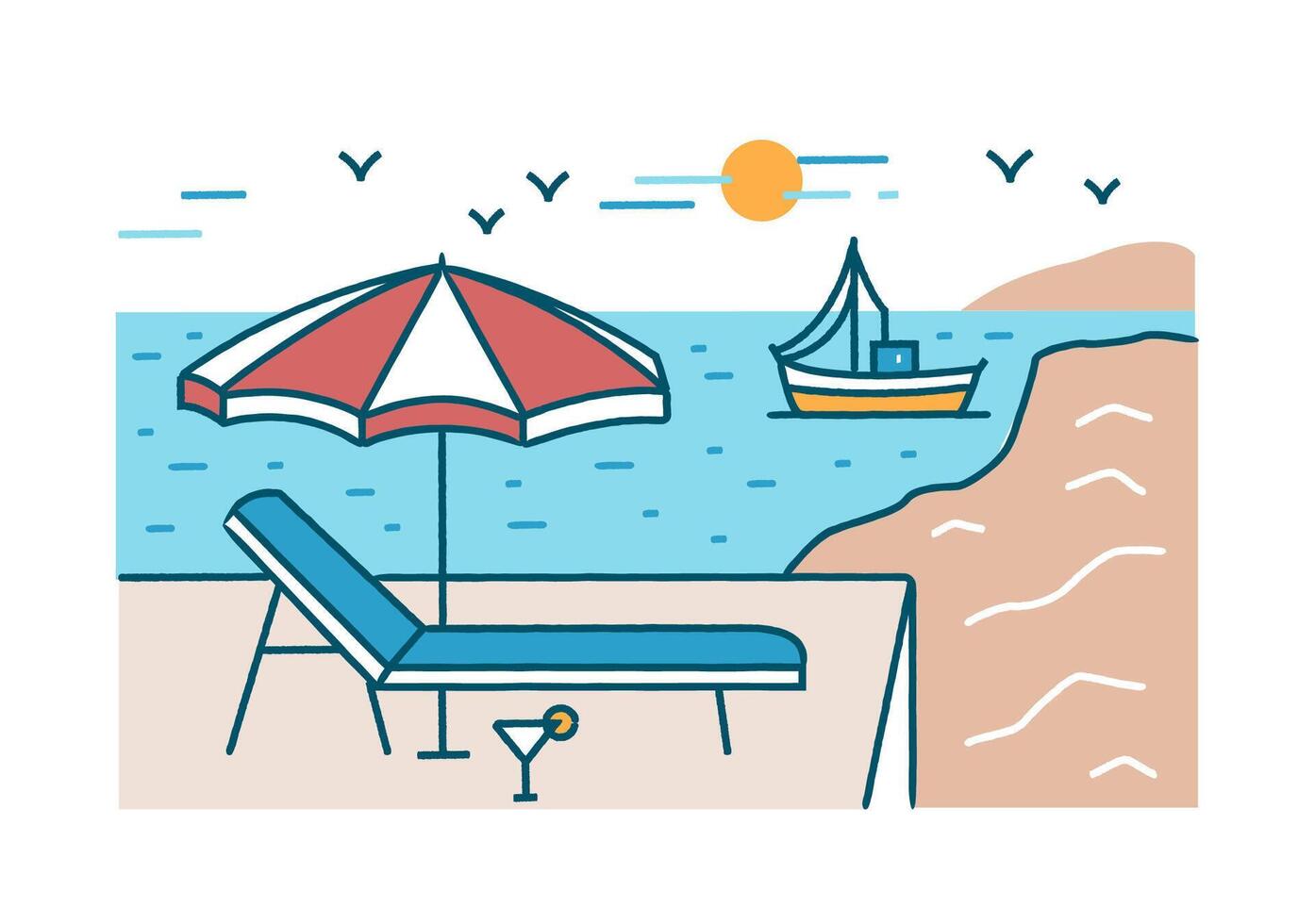 Summer scenery with sunlounger, cocktail and umbrella standing against yacht sailing in sea or ocean, beach and sun on background. Tropical paradise. Colorful illustration in linear style vector