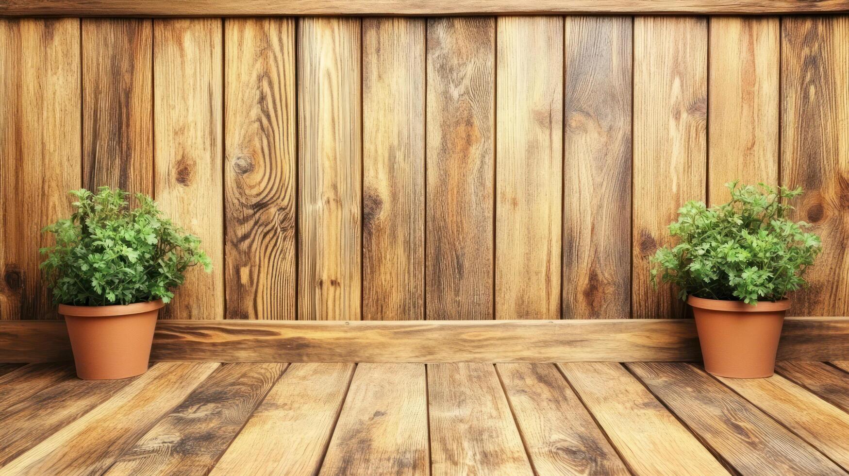 Rustic Wooden Background with Potted Plants photo