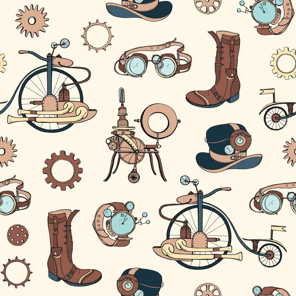 Seamless pattern with steampunk attributes and apparel hand drawn on light background. Backdrop with steam powered machines. Colorful realistic illustration for wallpaper, wrapping paper vector
