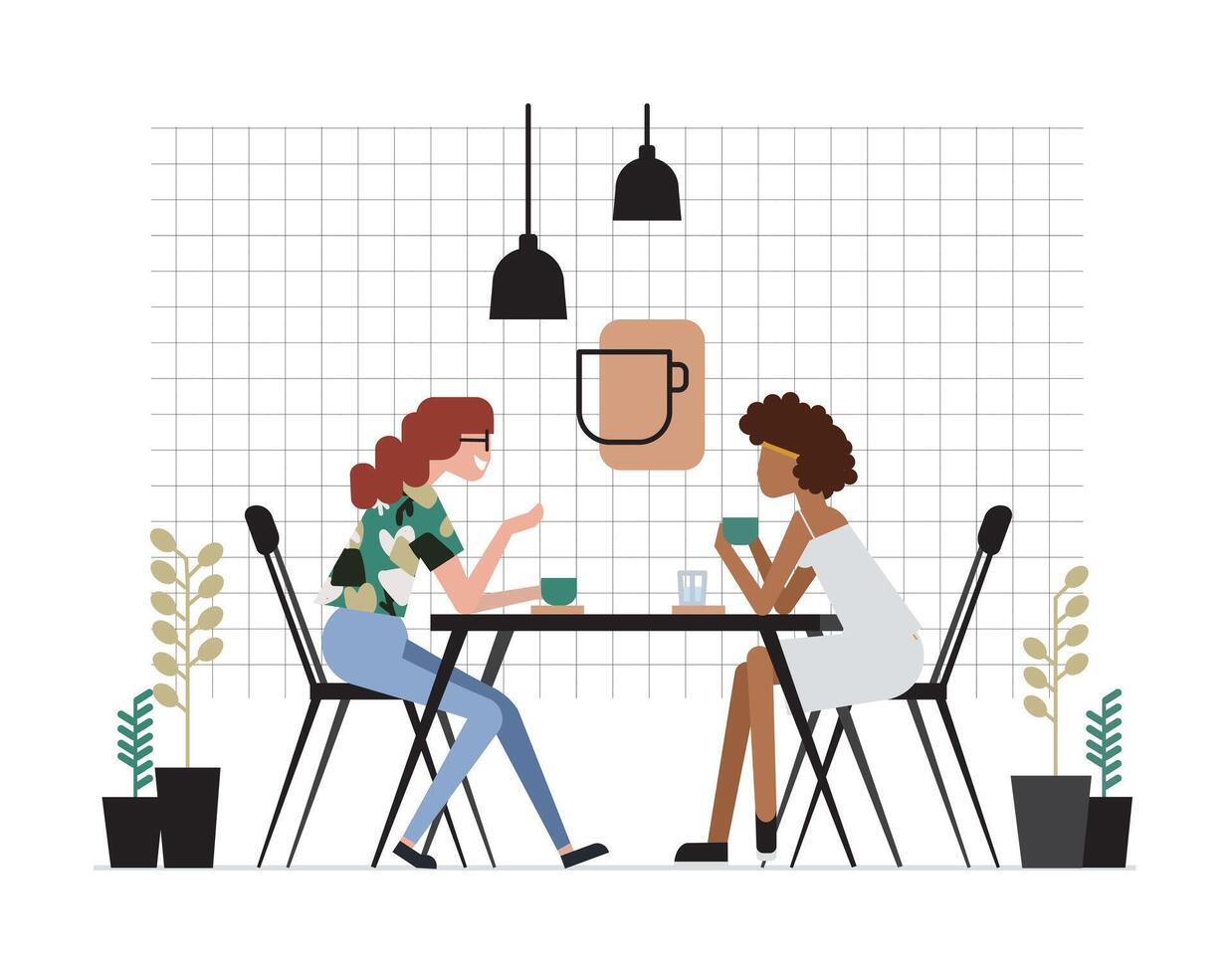 Two girls or pair of female friends sitting at table, drinking coffee and talking. Friendly meeting and conversation at cafe. Cute cartoon characters. Colorful illustration in flat style vector