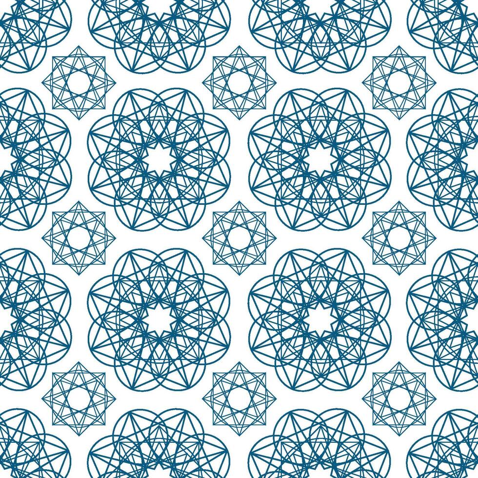 Geometric seamless pattern with circular shapes drawn with blue contour lines on white background. Arabic geometrical backdrop. Monochrome illustration for wrapping paper, textile print vector