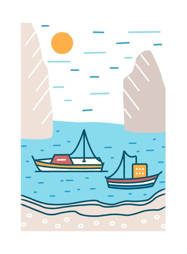 Beautiful summer landscape with boats or yachts sailing in sea or ocean bay against rocky cliffs and sun on background. Seaside scenery. Colorful illustration in modern line art style vector