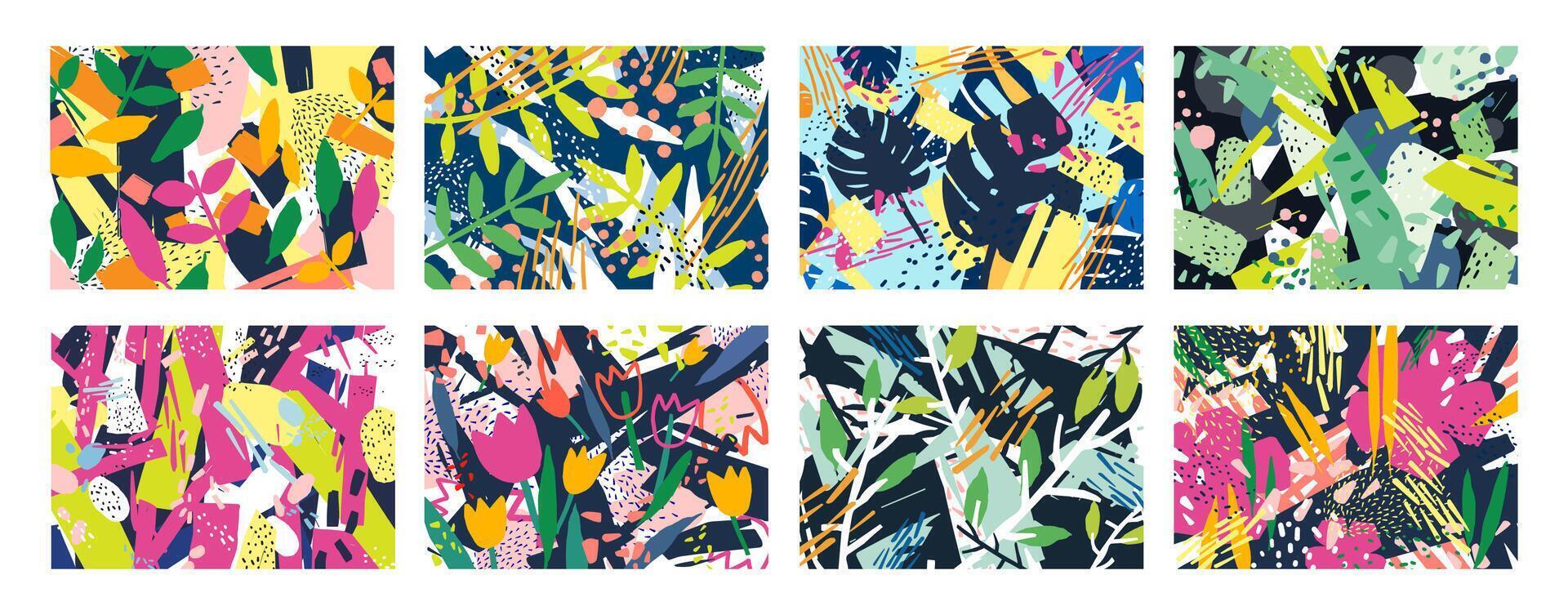 Collection of creative abstract horizontal backgrounds or backdrops with tree branches, leaves, colorful stains and scribble. Bright colored decorative illustration in trendy artistic style vector