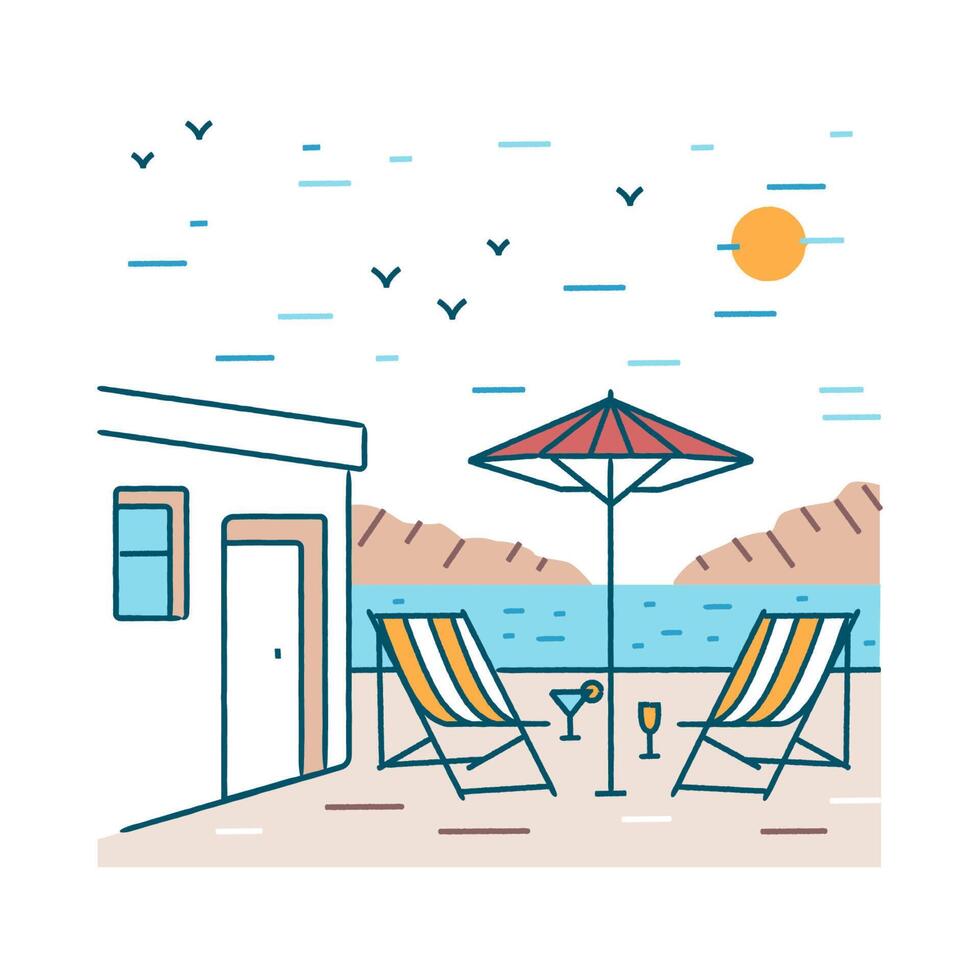 Summer landscape with pair of deck chairs, exotic cocktails and umbrella standing near hotel building against mountains and sea on background. Colored illustration in modern lineart style vector