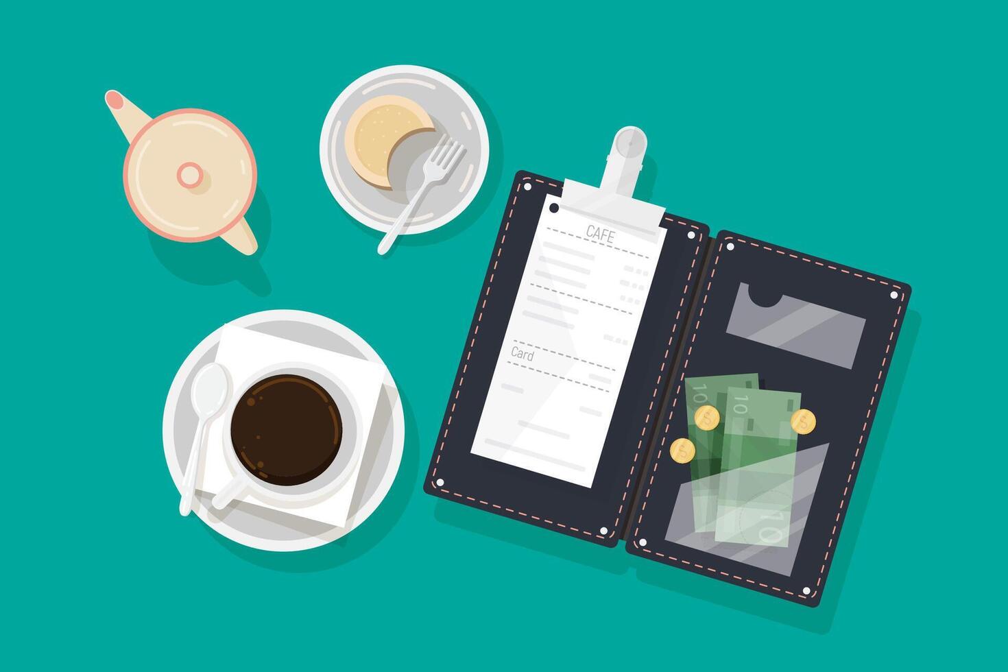 Cup of coffee, piece of cake on plate, creamer and opened bill holder with restaurant check, money banknotes and coins, top view. Client's payment or tips for cafe service. Flat illustration vector