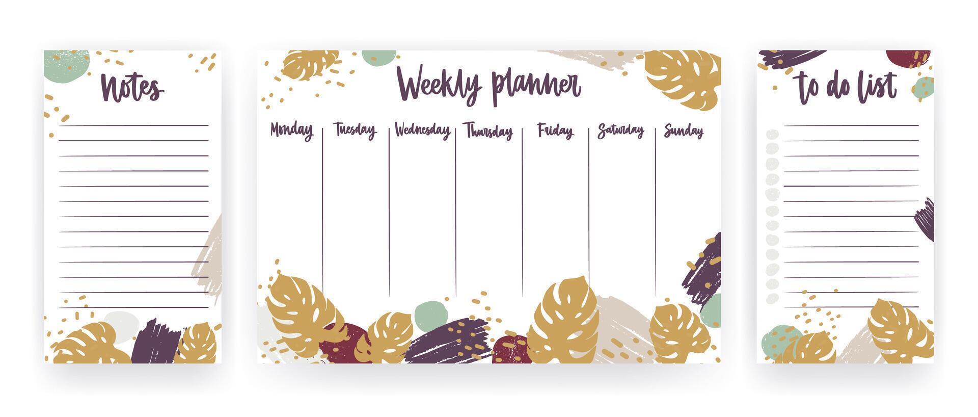 Bundle of weekly planner, sheet for notes and to do list templates decorated with tropical monstera leaves, artistic paint stains and brush strokes. Planning and scheduling. illustration vector