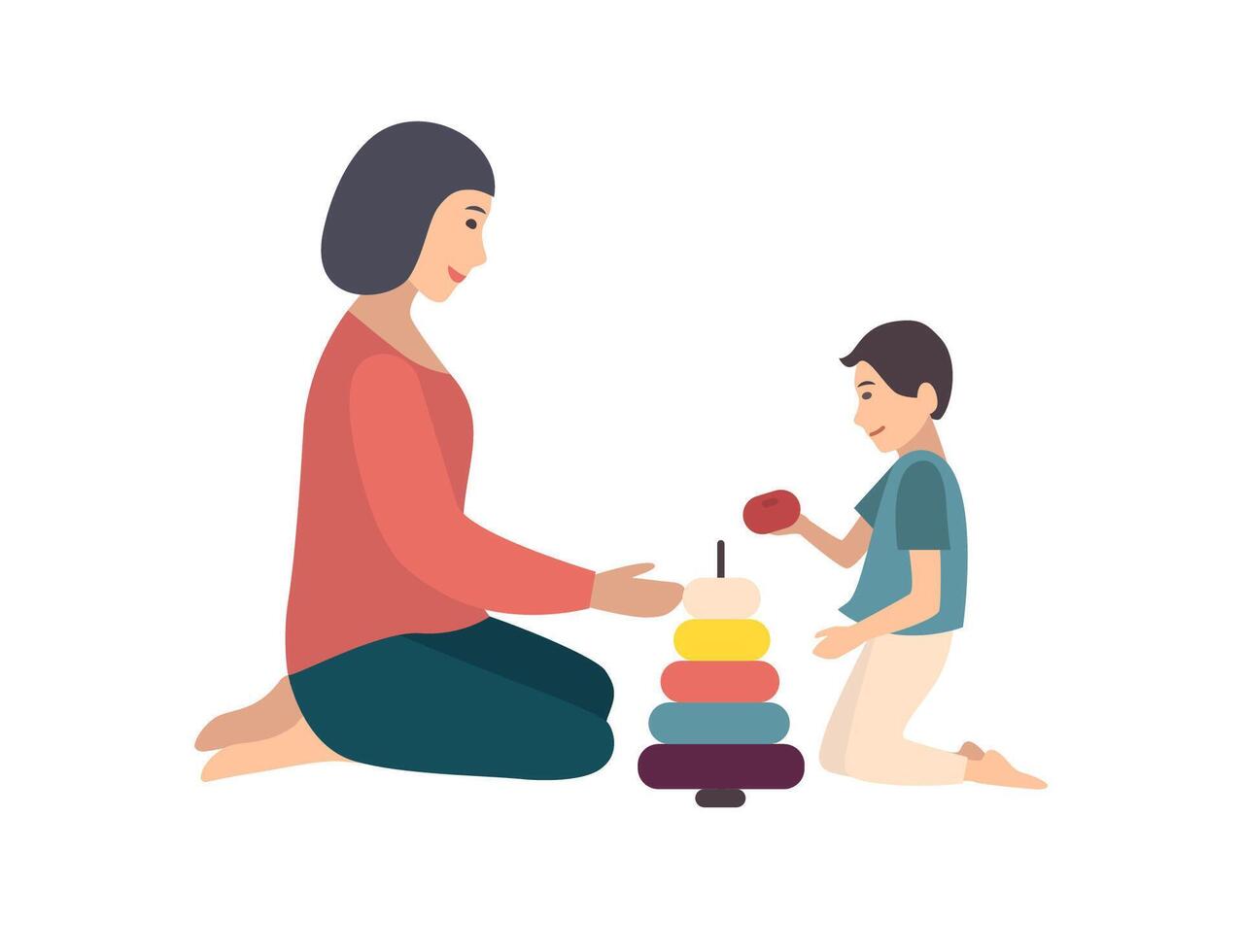 Mom and son sitting on floor and building pyramid together. Mother teaching her little boy to play with toy. Funny cartoon characters isolated on white background. Flat colored illustration vector