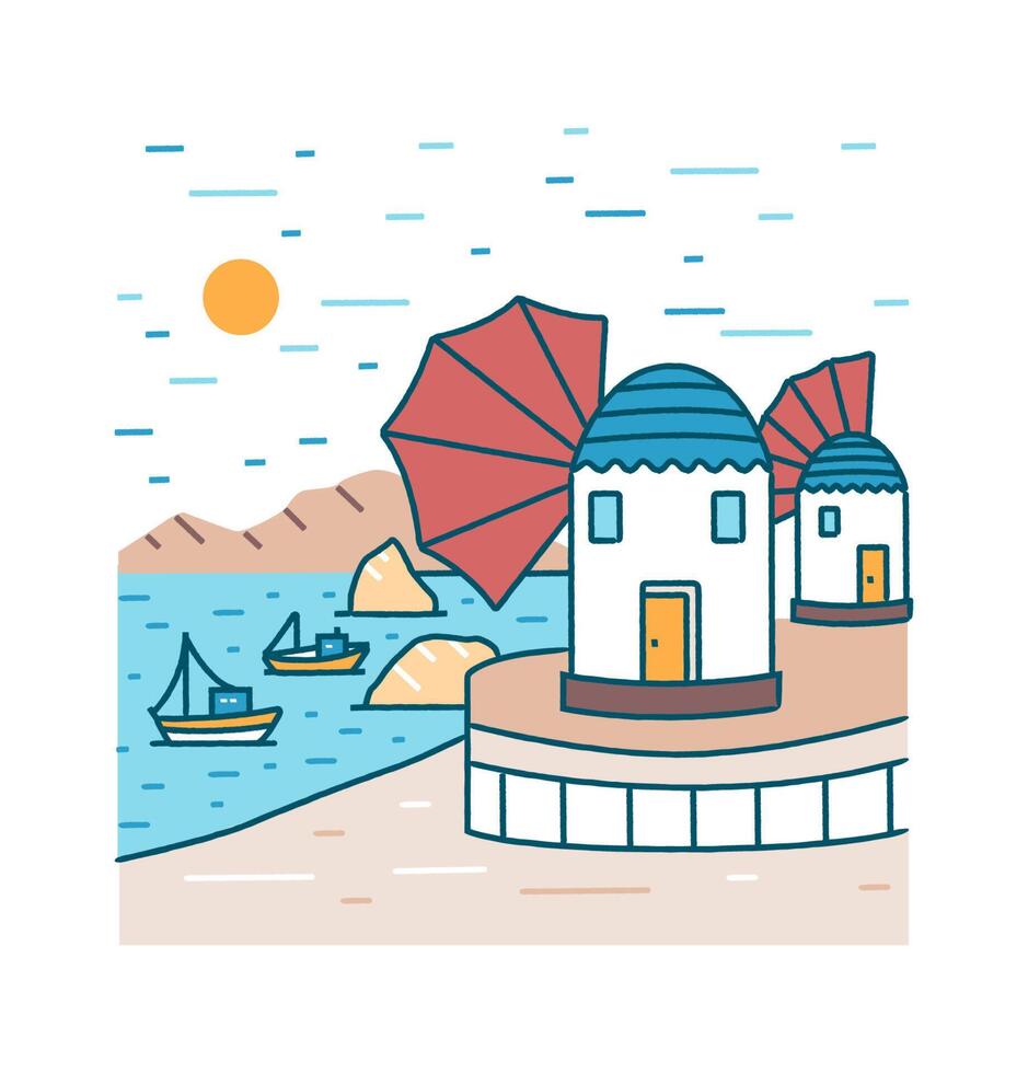Picturesque seaside scenery with boats or ships sailing in sea and buildings standing on shore against rocky mountains and sun on background. Colorful illustration in modern linear style vector
