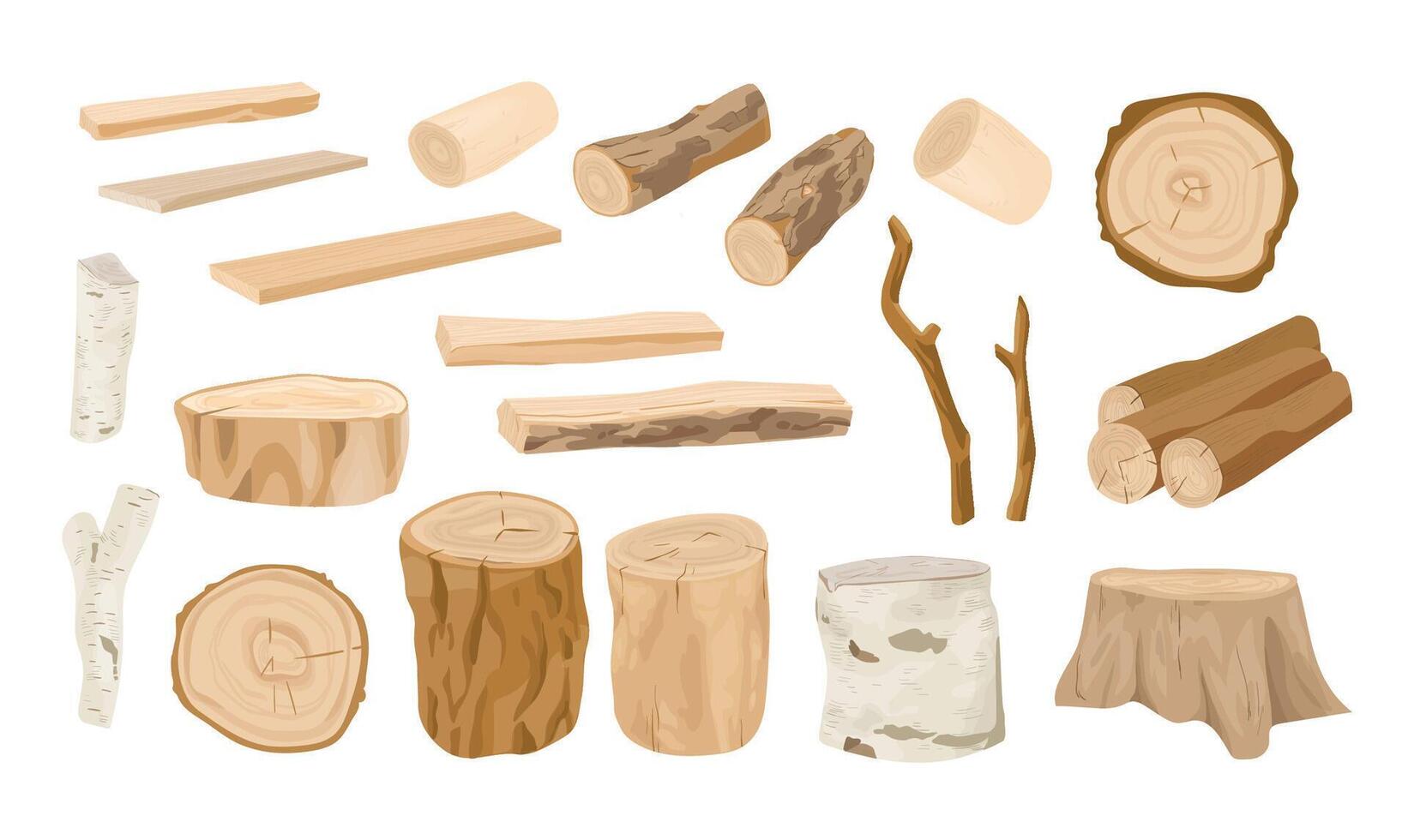 Collection of wooden logs, tree branches, lumbers, timber sawn into rough planks isolated on white background. Set of lumber and industrial wood. Colorful illustration in realistic style vector