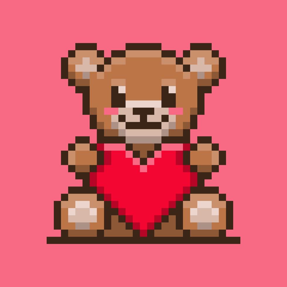 Pixel art teddy bear holding heart on pink background vector
