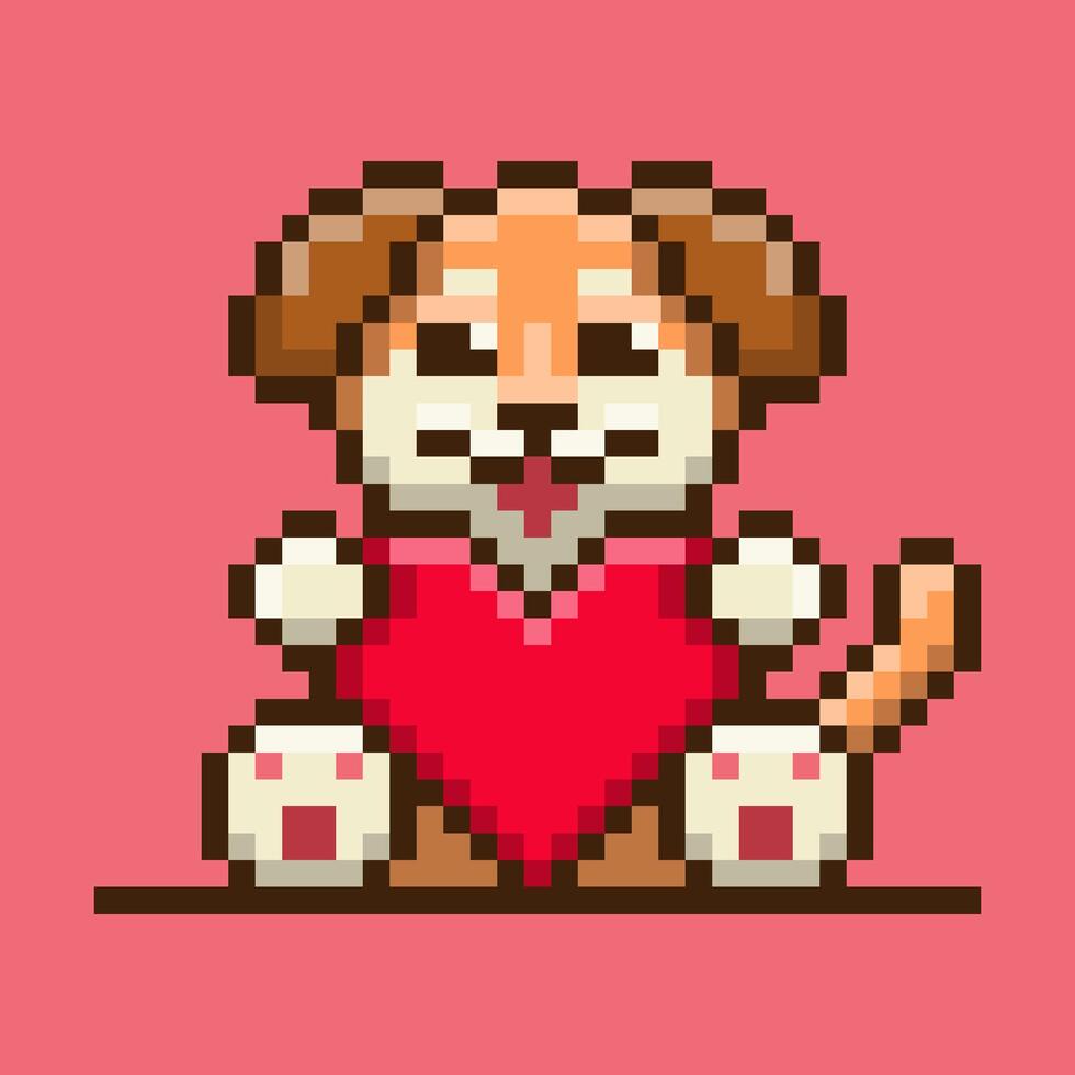 Pixel art dog holding heart vector