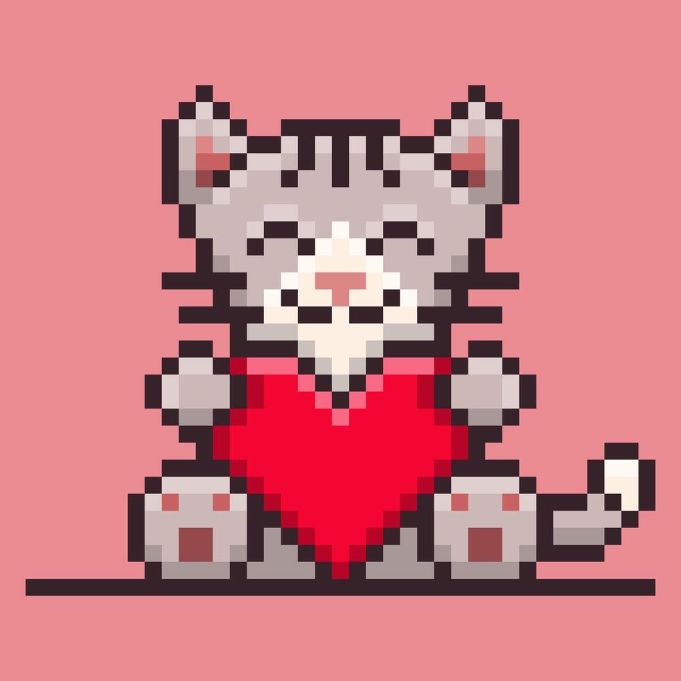 Pixel cat holding heart on pink background vector