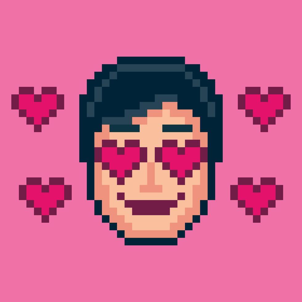 Pixel Art of A Man With His Eyes Are Covered With Hearts And Get Surrounded By Hearts vector