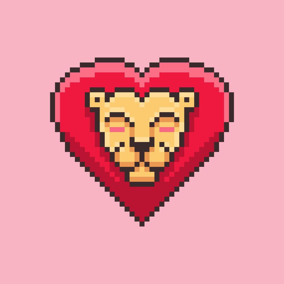 Pixel Art Lion Face With Red Heart Mane vector