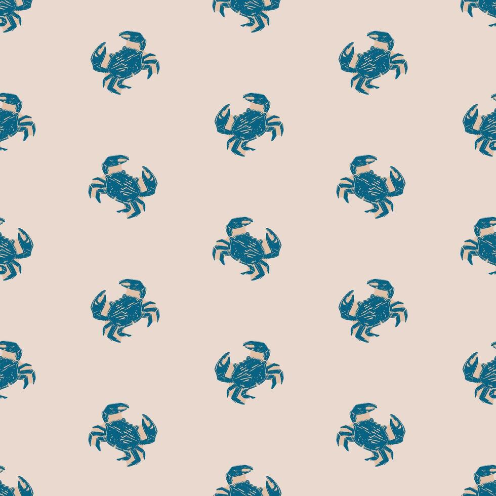 Blue Crabs on Beige Coastal Nautical Pattern. Hand-drawn blue crabs on a beige background create a nautical, coastal-inspired design. Perfect for marine-themed aesthetics with a vintage touch. vector
