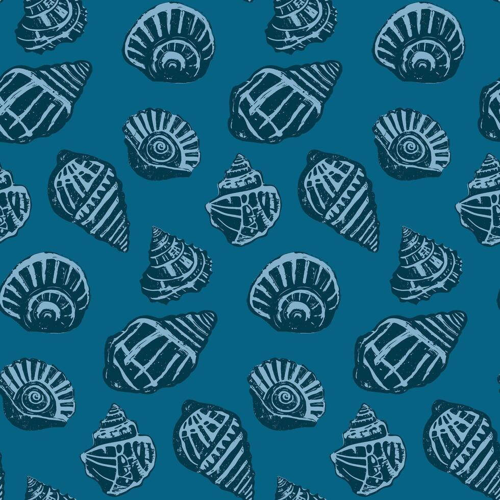 Vintage Blue Seashells on Deep Teal Coastal Pattern. Hand-drawn seashells in shades of blue on a deep teal background create a vintage coastal-inspired pattern, perfect for ocean and nautical themes. vector