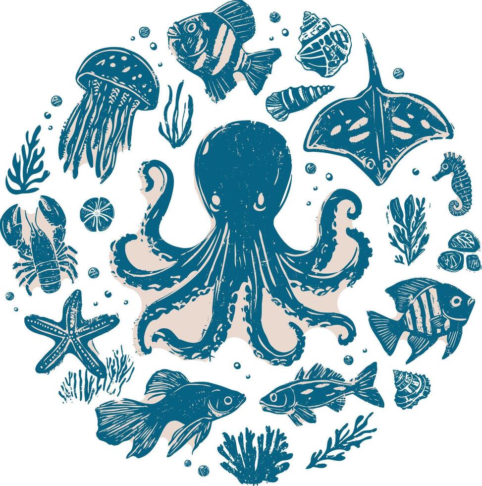 Linocut hand-drawn circular ocean wildlife illustration in blue and beige ink style, featuring octopus, jellyfish, stingray, fish, seashells, coral, seaweed, and starfish, on transparent background vector