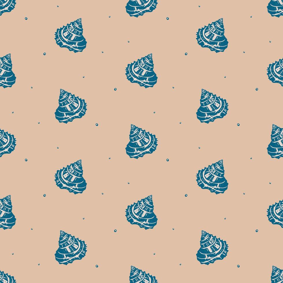 Vintage Blue Conch Shells on Beige Ocean Pattern. Hand-drawn blue conch shells on a beige background with floating bubbles, vintage coastal-inspired design, perfect for nautical and marine themes. vector