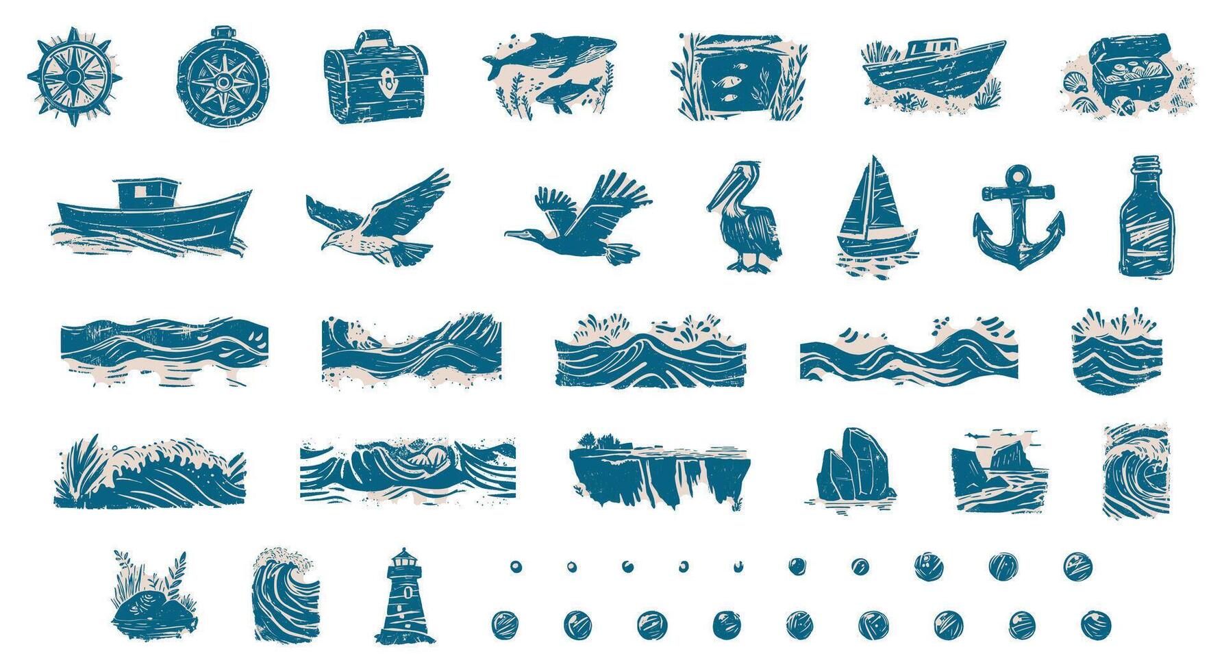 Set of linocut hand-drawn nautical and marine elements in blue and beige ink style, including compass, anchor, boat, seagulls, waves, lighthouse, and treasure chest, isolated on transparent background vector
