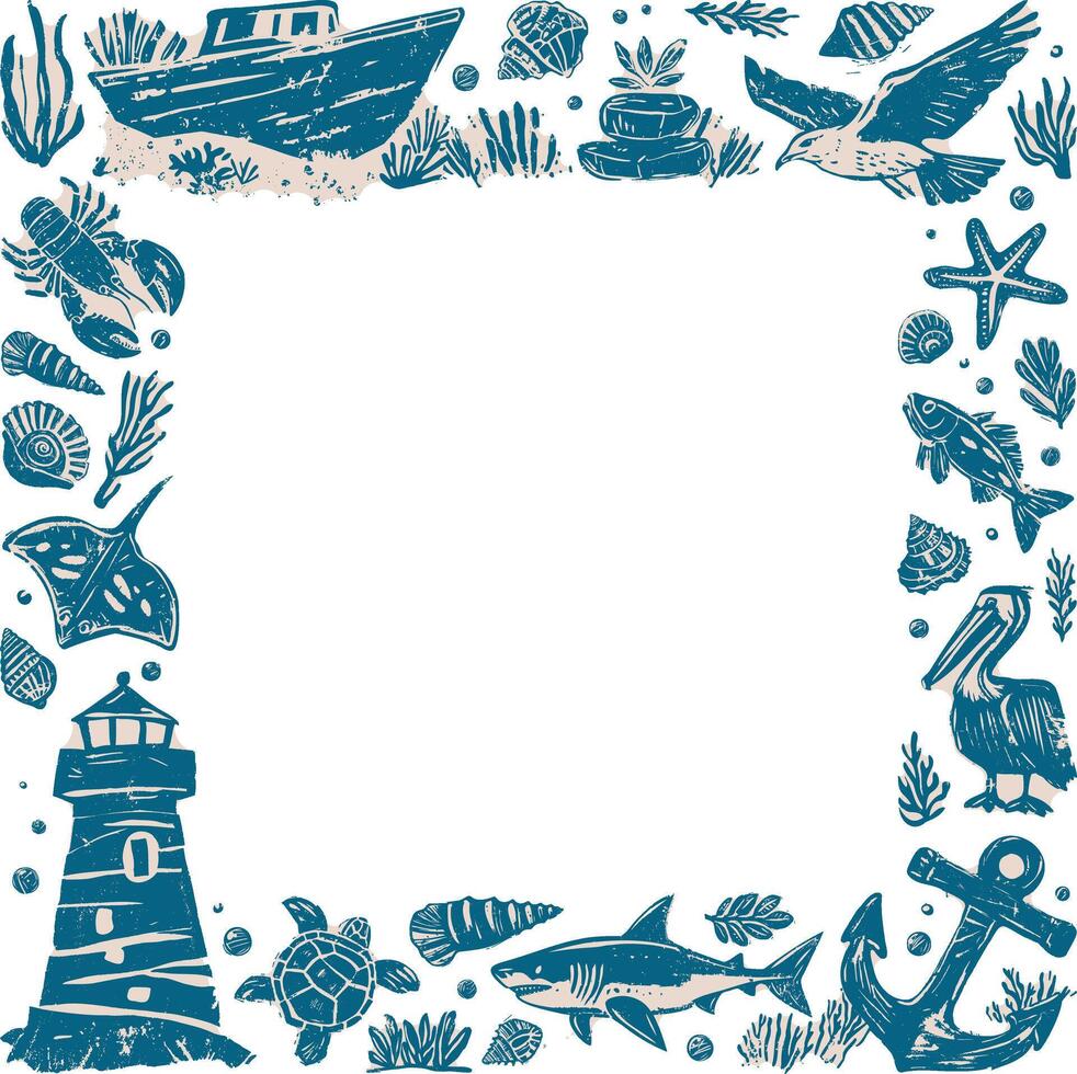 Linocut hand-drawn nautical frame in blue and beige ink style, featuring lighthouse, boat, anchor, pelican, shark, seagull, seashells, marine plants, with empty space for text or design, transparent vector