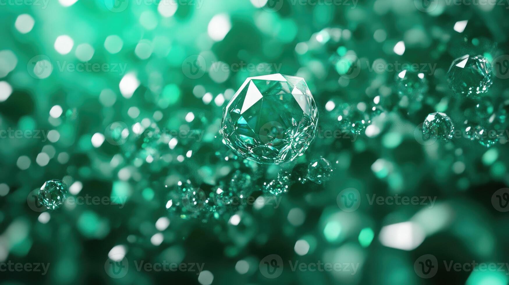 Detailed close-up view of sparkling emerald gems with intricate reflections and a vibrant green background photo