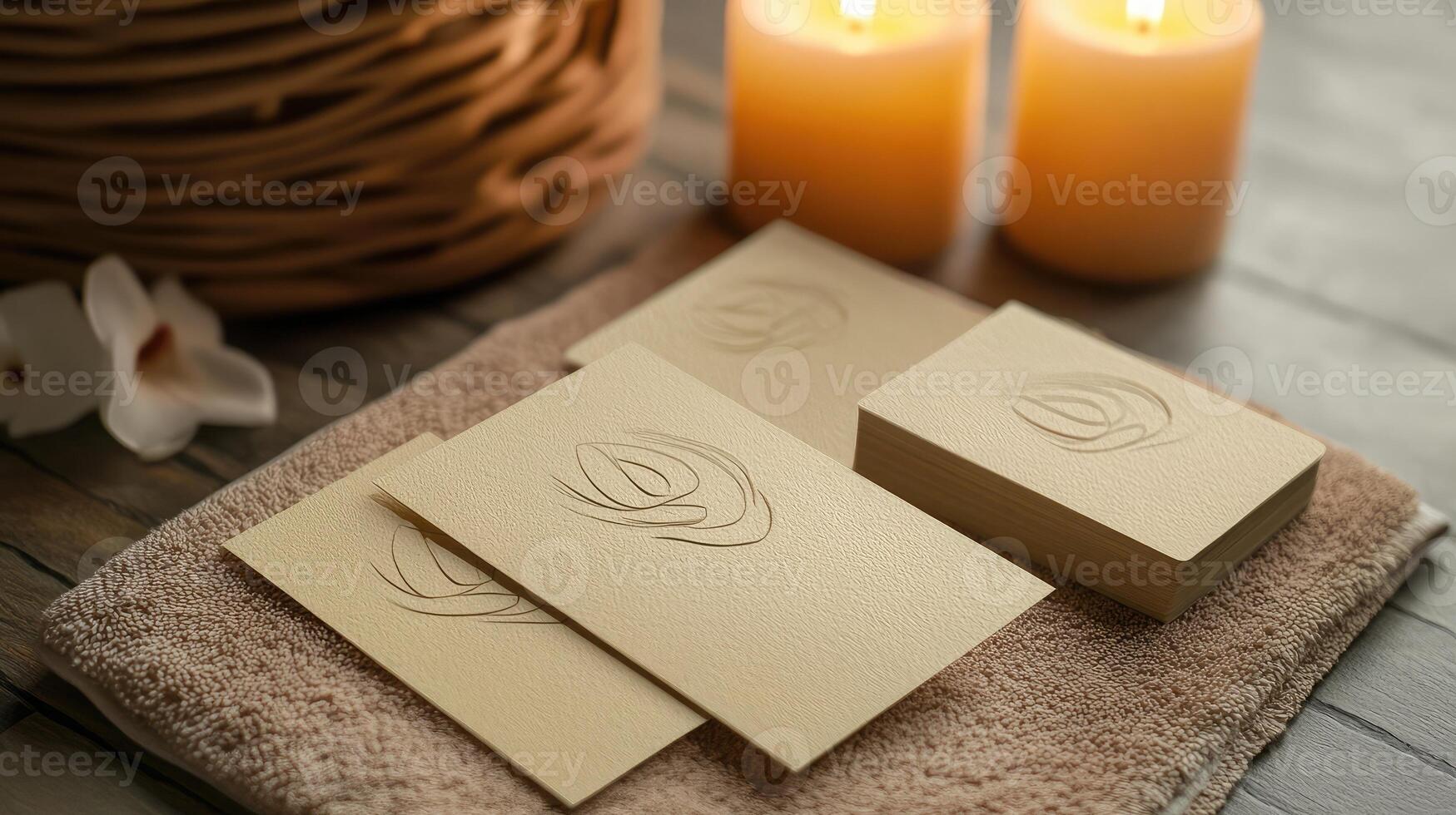 Elegant spa setting with delicate candles and textured paper cards on a wooden surface photo