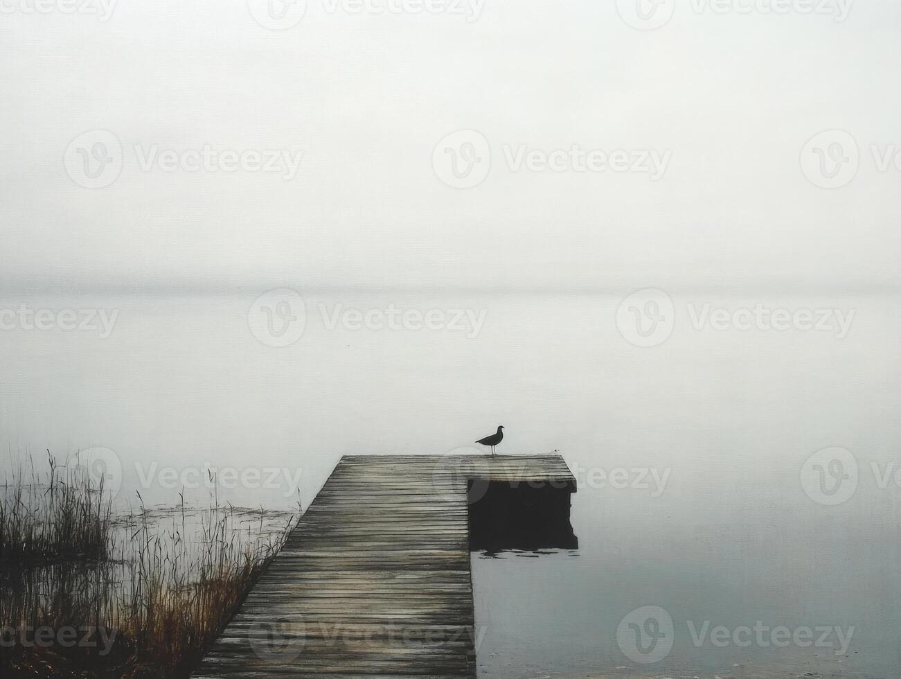 Calm morning at the dock with a lone bird gazing over the still water photo