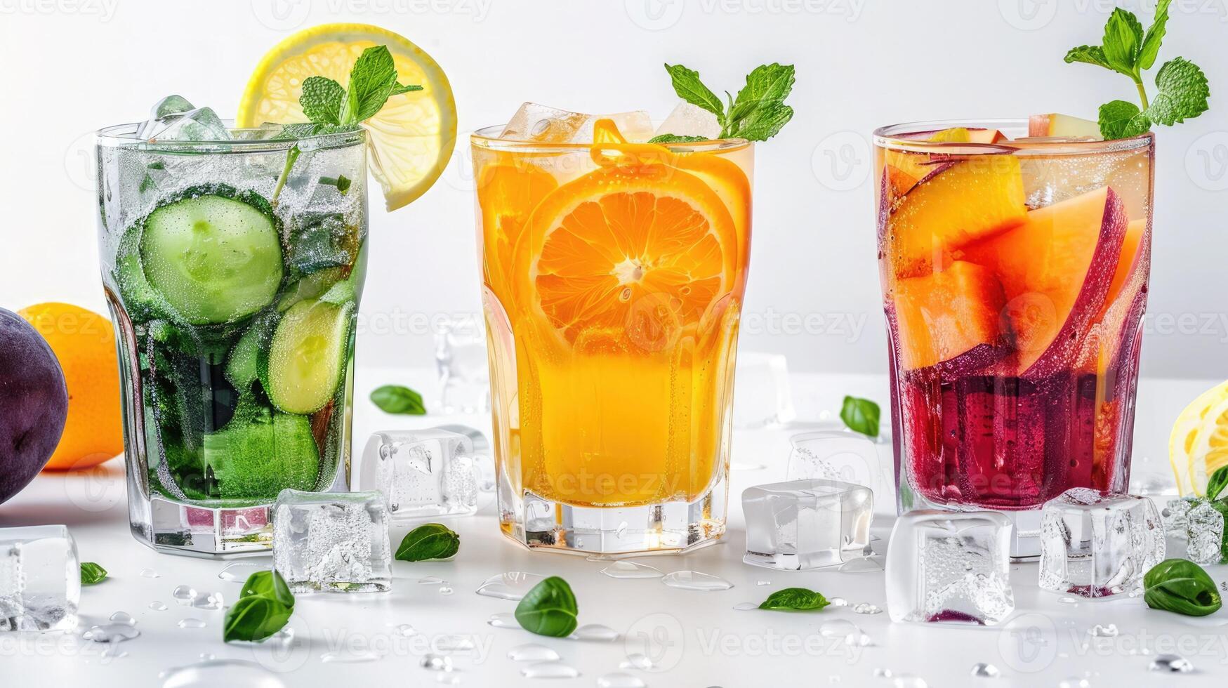 Refreshing cocktails made from blended fruits and vegetables served in clear glasses with ice photo