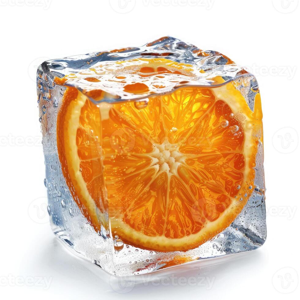Bright orange slice encapsulated in clear ice cube on a crisp white background for refreshing beverage enhancement photo
