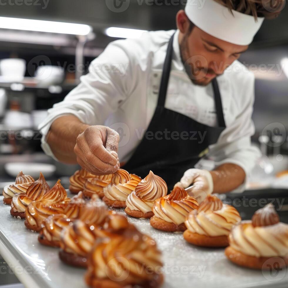 Pastry chef skillfully decorating desserts in an upscale kitchen during a busy baking session photo