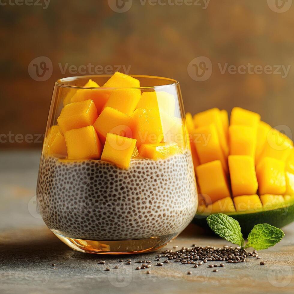 Chia seeds layered with fresh mango chunks in a transparent glass cup for a nutritious snack photo