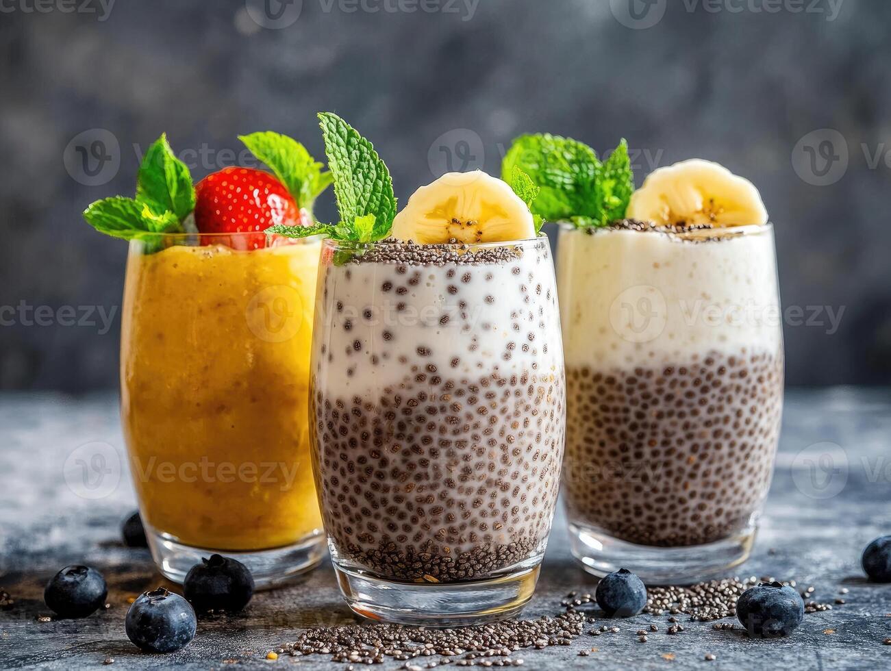 Chia seed pudding layered with yogurt and banana served in clear glasses with fresh strawberry and mint leaves photo