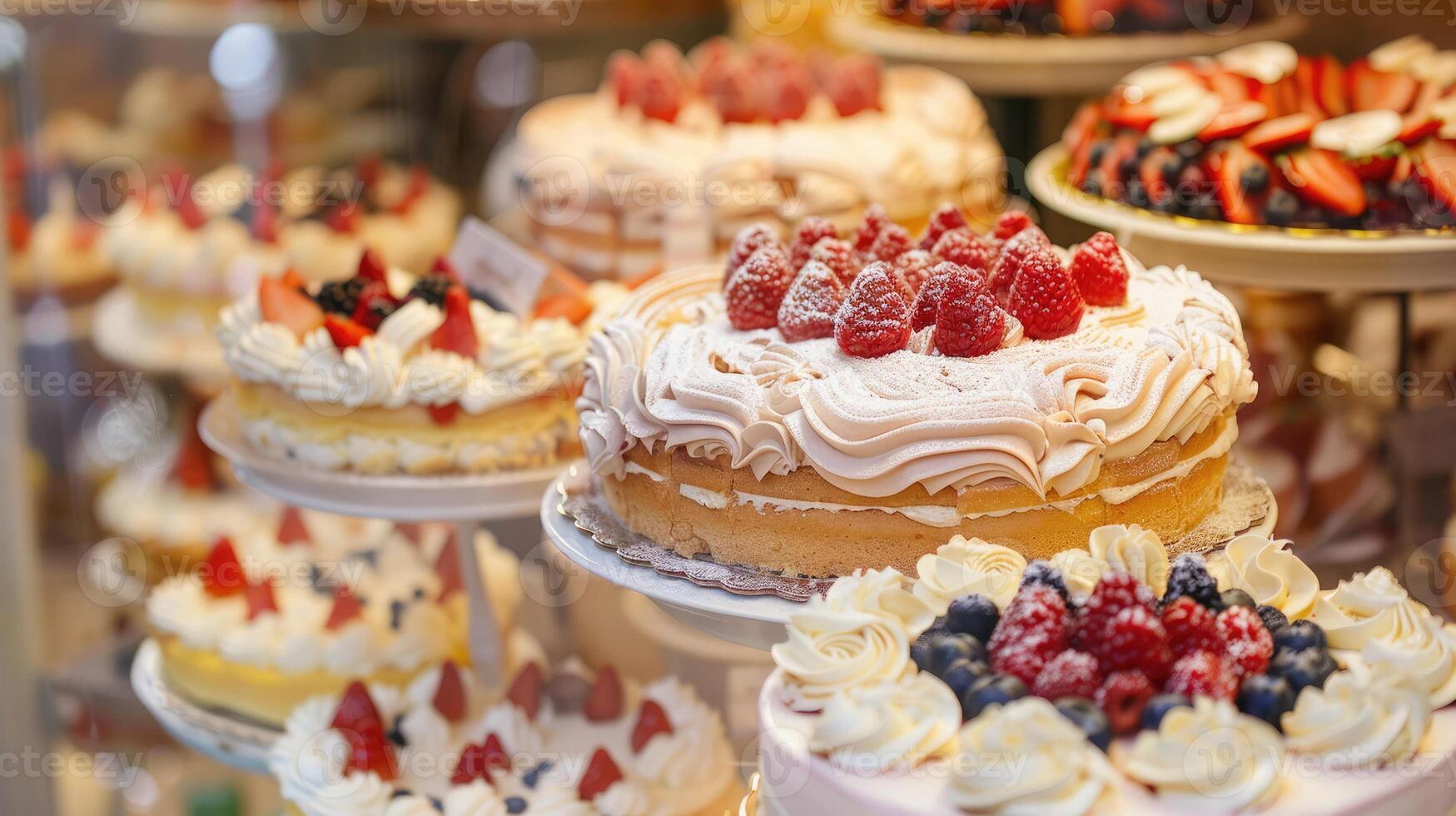 Delicious assortment of cakes displayed on a table in a cozy cafe setting photo