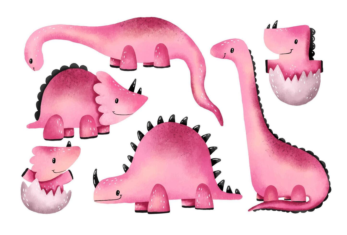 Girly pink dinosaur, dino reptile monster collection. Funny pink vector