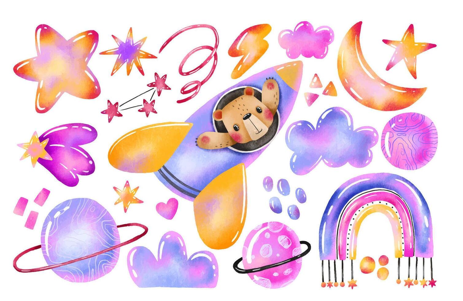 Hand space set with teddy bear in spaceship rocket. Sky vector